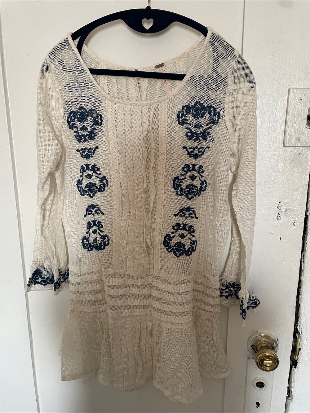 Free People Cream Lace Tunic with Navy Embroidery